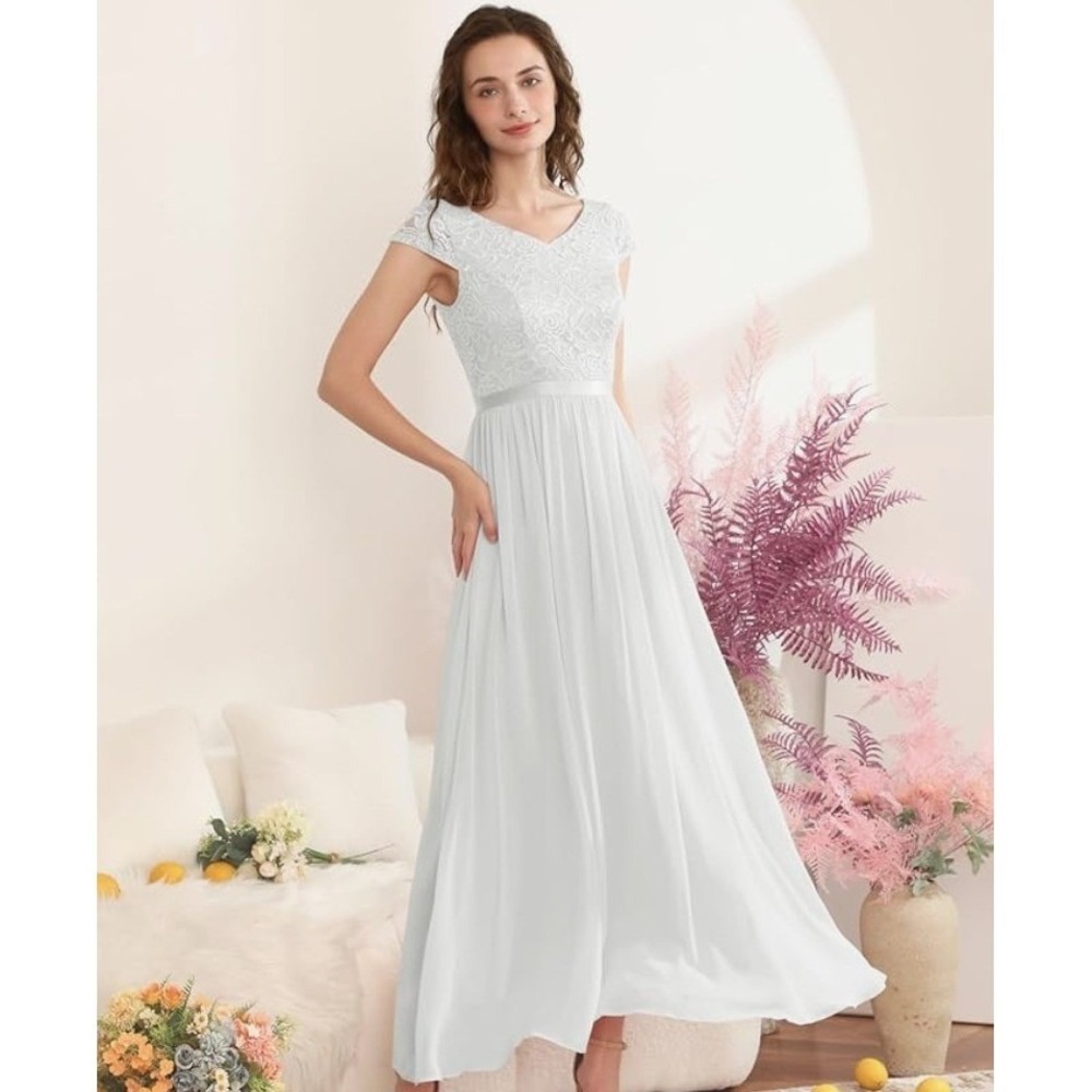 Lace Bodice Chiffon‎ Maxi Dress White Elegant Wedding Party Bridesmaid Formal